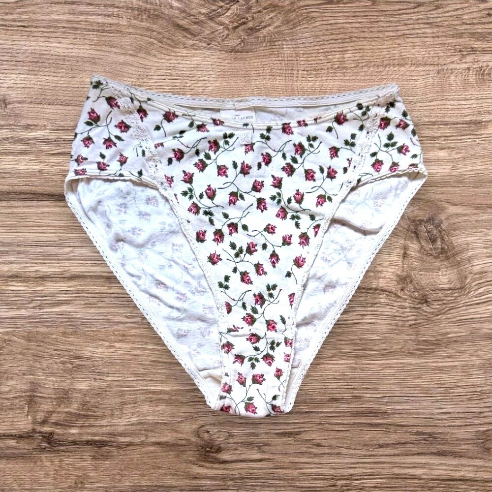 RALPH LAUREN Vintage 90s Pink Rosebud Cotton Lace 9153 High Leg Brief Panties M